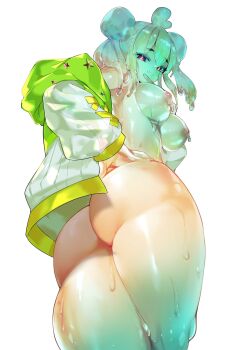 1girl ass breasts commentary dripping english_commentary fang highres huge_ass indie_virtual_youtuber jacket kotokanamex medium_breasts monster_girl nipples piapi_ufo red_eyes semi-transparent skin_fang slime_(substance) slime_girl slime_hair star_(symbol) thick_thighs thighs v virtual_youtuber white_background