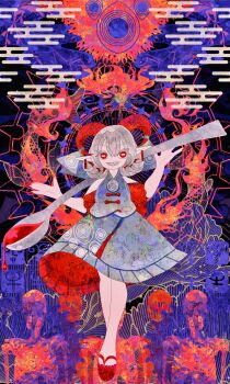 1girl absurdres bare_legs blue_shirt blue_skirt boku_(isizakitakasi) curly_hair egasumi grey_hair highres holding holding_spork horizontal_pupils horn_ornament horn_ribbon horns medium_hair oversized_object pointy_ears rectangular_pupils red_eyes red_horns red_nails red_sandals ribbon sandals sharp_teeth sheep_horns shirt skeleton skirt sleeveless sleeveless_shirt solo spork teeth touhou toutetsu_yuuma