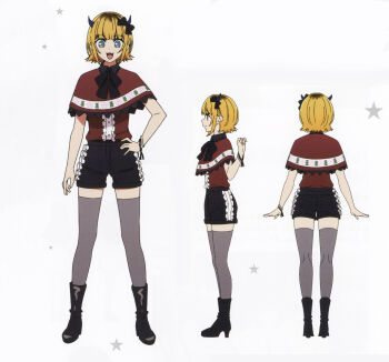 1girl :3 absurdres black_boots black_bow black_shorts blonde_hair bob_cut boots bow demon_horns fake_horns frilled_shorts frills hair_bow highres horns idol idol_clothes looking_at_viewer mem-cho multicolored_hair non-web_source official_art open_mouth oshi_no_ko pantyhose poncho red_shirt reference_sheet roots_(hair) scan self-scan shirt short_hair shorts solo star_(symbol) white_background