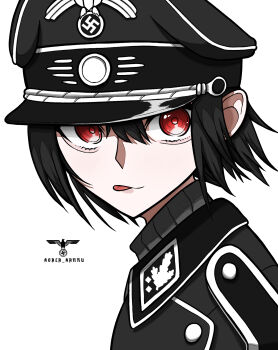 1girl black_hair hair_between_eyes hat highres koalakanru looking_at_viewer military military_hat military_uniform nazi original pale_skin peaked_cap red_eyes reichsadler short_hair siegrunen simple_background solo ss_insignia sven_hoffmann swastika tongue tongue_out upper_body waffen-ss white_background