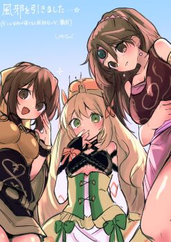 3girls armor bare_shoulders blonde_hair breastplate breasts brown_eyes brown_hair celine_(fire_emblem) cleavage commentary_request delthea_(fire_emblem) dress fang fire_emblem fire_emblem:_mystery_of_the_emblem fire_emblem_echoes:_shadows_of_valentia fire_emblem_engage from_below green_eyes highres linde_(fire_emblem) long_hair looking_at_viewer looking_down medium_breasts multiple_girls nintendo open_mouth skin_fang small_breasts smile studio_sugimoto thighs translation_request very_long_hair