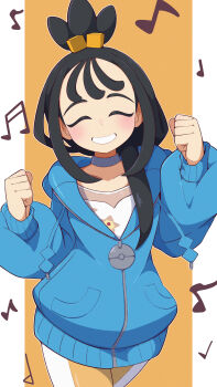 1girl absurdres afuron black_hair blue_hoodie blush choker clenched_hands closed_eyes collarbone commentary_request cowboy_shot cube_hair_ornament facing_viewer grin hair_ornament hands_up happy highres hood hood_down hoodie leggings lida_(pokemon) long_hair long_sleeves musical_note nintendo orange_background pokemon pokemon_legends:_z-a print_shirt shirt smile solo tassel teeth topknot white_shirt zipper_pull_tab