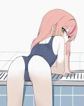 1girl animated ass bare_shoulders bent_over blue_one-piece_swimsuit closed_mouth from_behind green_eyes hanako_nana just_0012 loli long_hair looking_at_viewer looking_back multicolored_hair one-piece_swimsuit pink_hair poolside red_hair solo stellive streaked_hair swimsuit tagme video virtual_youtuber