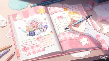 1girl bow bowtie bronya_zaychik commentary desk elysia_(hi_love_elf)_(honkai_impact) elysia_(honkai_impact) english_commentary game_cg highres holding holding_pen honkai_(series) honkai_impact_3rd kevin_kaslana kiana_kaslana letter official_art pen pencil pink_bow pink_bowtie raiden_mei solo