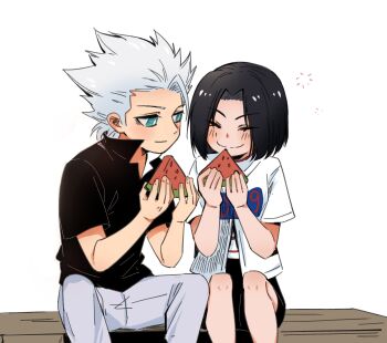 Rule 34 | 1boy, 1girl, aqua eyes, bench, black hair, black shirt, black shorts, bleach, closed eyes, commentary, food, fruit, highres, hitsugaya toushirou, holding, holding food, kurosaki karin, shirt, short hair, shorts, silegesi, sitting, smile, watermelon, watermelon slice, white hair