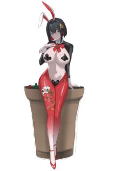 1girl animal_ear_hairband animal_ears black_hair black_shrug blush breasts card colored_inner_hair fake_animal_ears frontless_outfit goddess_of_victory:_nikke gradient_hiphighs hair_ornament hairband heart_maebari heart_pasties highres hiphighs large_breasts latex_shrug looking_at_viewer maebari mole_under_breast multicolored_hair navel official_alternate_costume pasties playing_card rabbit_ear_hairband rabbit_ears red_hair red_hiphighs reverse_bunnysuit reverse_outfit rouge_(nikke) rouge_(unlucky_rabbit)_(nikke) shiny_skin short_hair shrug_(clothing) simple_background smile solo spade_hair_ornament spade_ornament spade_pasties standing uzzy2801 white_background yellow_eyes