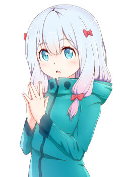 1girl :o blue_eyes blush bow eromanga_sensei gradient_hair hair_between_eyes hair_bow highres izumi_sagiri jacket long_hair long_sleeves looking_at_viewer multicolored_hair open_mouth own_hands_together pink_bow shisaichi123 simple_background solo upper_body white_background white_hair
