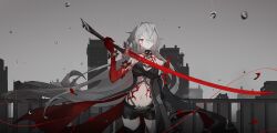 Rule 34 | 1girl, absurdres, acheron (honkai: star rail), bare shoulders, coat, commentary, cowboy shot, detached sleeves, highres, holding, holding sword, holding weapon, honkai: star rail, honkai (series), katana, limited palette, long hair, long sleeves, midriff, navel, qixia, red eyes, short shorts, shorts, single sleeve, solo, spot color, standing, stomach, sword, very long hair, weapon