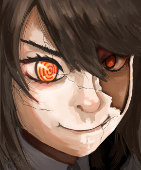 Rule 34 | 1girl, absurdres, black hair, chainsaw man, commentary request, cracked kawaii mask, highres, mask, nayuta (chainsaw man), ringed eyes, smile, solo, yellow eyes