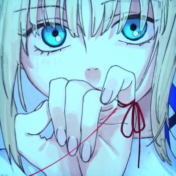 1girl artoria_pendragon_(fate) blonde_hair blue_eyes blush close-up commentary_request fate/stay_night fate_(series) highres looking_at_viewer saber_(fate) sksk_sn09 solo string string_around_finger string_of_fate