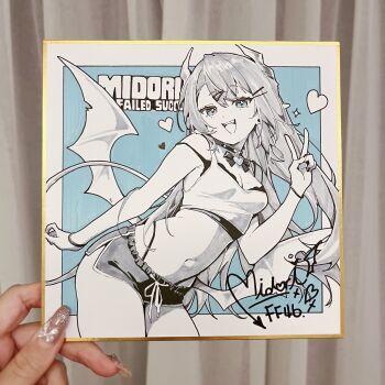 1girl absurdres bare_arms bare_shoulders blue_eyes bow bow_choker bowtie breasts camisole choker cleavage commentary_request crop_top demon_girl demon_horns demon_tail demon_wings dolphin_shorts drawstring hair_ornament hairclip heart highleg highres horns indie_virtual_youtuber leaning_forward limited_palette long_hair looking_at_viewer low_wings medium_breasts midori_fufu midori_fufu_(vtuber) midriff mole mole_on_breast mole_under_eye navel open_mouth panty_straps photo_(medium) pointy_ears shirt short_shorts shorts sleeveless sleeveless_shirt smile solo spaghetti_strap stomach strap_slip tail thighs traditional_media undershirt v very_long_hair virtual_youtuber wings