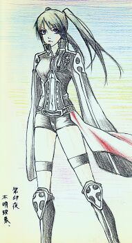 1girl armored_boots belt black_belt black_boots black_hair black_jacket black_order_uniform black_shorts blue_background boots char_(512-810-78) collared_jacket colorful_background cross d.gray-man emblem feet_out_of_frame floating_clothes floating_hair front_zipper frown hair_between_eyes highres jacket legs lenalee_lee long_hair long_sleeves looking_at_viewer miniskirt photo_(medium) pink_lips purple_background purple_eyes red_skirt shorts sidelocks skirt sleeves_past_wrists solo striped_clothes striped_jacket thigh_strap thighs traditional_media twintails vertical-striped_clothes vertical-striped_jacket wide_sleeves yellow_background zipper