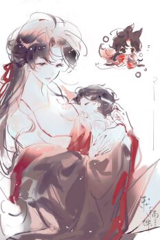 1boy 1girl aged_down ahoge animal_ears artist_request baby baby_carry bare_shoulders black_hair branded breast_sucking breastfeeding breasts brown_hair carrying chibi chibi_inset chinese_clothes chinese_commentary cleavage coat collarbone commission eyelashes fox_ears fox_girl fox_tail grey_coat hair_down hair_ribbon half_updo hanfu highres hug kemonomimi_mode lan_wangji large_breasts light_particles long_hair long_sleeves looking_at_another looking_down modao_zushi mother_and_son nail_polish off_shoulder official_alternate_costume official_alternate_hairstyle open_clothes open_coat open_mouth open_robe parted_lips red_eyes red_hanfu red_nails red_ribbon ribbon robe scar scar_on_chest second-party_source simple_background sitting sketch swaddled tail watermark wei_wuxian wei_wuxian_(yiling_laozu) white_background wide_sleeves
