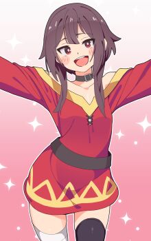 Rule 34 | 1girl, :d, bandaged leg, bandages, bare shoulders, belt, black choker, black thighhighs, blush stickers, brown hair, choker, collarbone, commentary, cowboy shot, dress, gradient background, highres, kono subarashii sekai ni shukufuku wo!, long sleeves, looking at viewer, megumin, noyama takenoko, off-shoulder dress, off shoulder, open mouth, outline, outstretched arms, pink background, red dress, red eyes, short hair with long locks, sidelocks, simple background, single thighhigh, smile, solo, sparkle, teeth, thighhighs, upper teeth only, white outline, zettai ryouiki