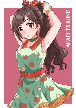 Rule 34 | 1girl, :o, antenna hair, apple print, armpits, arms up, belt, bow, bracelet, brown hair, character name, collar, dress, earrings, food print, fruit print, gold bracelet, green collar, green dress, hair bow, heart, heart earrings, highres, idolmaster, idolmaster cinderella girls, illustscody, jewelry, long hair, looking at viewer, polka dot, polka dot bow, ponytail, purple eyes, red belt, red bow, sleeveless, sleeveless dress, solo, tsujino akari
