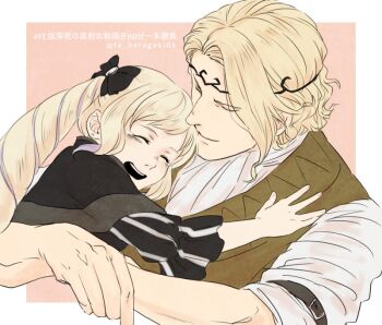 1boy black_bow blonde_hair bow brother_and_sister elise_(fire_emblem) fe_baragaki05 fire_emblem fire_emblem_fates hair_bow hug nintendo siblings twintails xander_(fire_emblem)