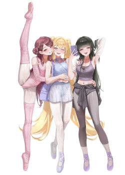 3girls absurdres armpits asha_(bangsom) athletic_leotard ballerina ballet balletcore bangsom bare_shoulders black_hair blonde_hair blue_eyes blue_leotard blush breasts bridal_sleeves brown_eyes brown_hair camisole cellphone clothes_around_waist commentary detached_sleeves en_pointe english_commentary grey_camisole grey_eyes grey_pantyhose hair_bun hand_on_another's_hip highres holding holding_phone hug leg_up leg_warmers leotard leotard_peek long_hair looking_at_viewer maya_(bangsom) midriff mole mole_under_eye multiple_girls nora_(bangsom) one_eye_closed open_mouth original pantyhose phone pink_leotard pink_thighhighs ribbon selfie shirt shirt_around_waist simple_background smartphone smile split standing standing_on_one_leg standing_split sweat teeth thighhighs twintails very_long_hair white_background white_pantyhose wrap_skirt