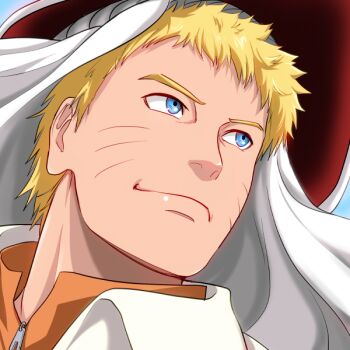 1boy akilaeeee blonde_hair blue_eyes boruto:_naruto_next_generations close-up commentary_request facial_mark hat hokage looking_to_the_side male_focus naruto_(series) portrait smile solo uzumaki_naruto whisker_markings