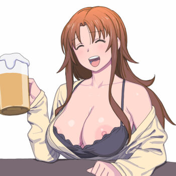 1girl alcohol areola_slip beer beer_mug black_camisole blush breasts brown_hair camisole cleavage closed_eyes large_breasts long_hair mature_female mug nipple_slip nipples off-shoulder_shirt off_shoulder onsen_tamago_(hs_egg) open_clothes open_mouth open_shirt shirt smile solo takanashi_kozue tongue white_background working!!