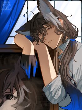 1boy absurdres ahoge animal_ears arknights arm_rest beard_stubble black_gloves blue_gloves blue_hair brown_hair commentary curtains english_commentary expressionless facial_hair fox_boy fox_ears gloves gradient_gloves gradient_hair grey_eyes hair_between_eyes hair_over_shoulder half_gloves head_rest highres long_hair long_hair_between_eyes looking_at_viewer low_ponytail male_focus mature_male mole mole_under_eye multicolored_hair muntins nowell_(arknights) open_collar parted_lips ponytail portrait_(object) shirt sleeves_rolled_up solo streaked_hair stubble upper_body visla white_hair white_shirt window