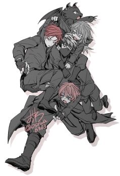 1girl 4boys aged_down black_gloves black_hair black_pants boots cale_henituse carrying carrying_person carrying_under_arm child choi_han clothes_grab coat commentary_request covered_mouth dated fingerless_gloves full_body gloves grey_eyes grey_hair highres hong_(lout_of_count&#039;s_family) hood hood_down jacket long_hair long_sleeves lout_of_count&#039;s_family male_focus mask mouth_mask multicolored_hair multiple_boys ohn_(lout_of_count&#039;s_family) open_mouth osewa6363 pants piggyback pointing raon_miru red_eyes red_hair running short_hair shoulder_carry signature simple_background streaked_hair twitter_username two-tone_hair white_background wings