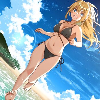 1girl amelia_thunders beach bikini black_bikini blonde_hair blue_eyes blue_sky breasts cinderella_series cleavage cloud cloudy_sky commentary_request commission dutch_angle hachigatsu_no_cinderella_nine high_ponytail long_hair mountain navel open_mouth ponytail running sanada_ikki skeb_commission sky solo swimsuit teeth tree upper_teeth_only