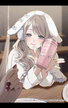2girls \||/ animal_ears black_nails blue_eyes blurry blush capelet chigusa_minori closed_mouth commentary_request cup depth_of_field fake_animal_ears female_pov gradient_nails grey_hair highres holding holding_cup long_hair long_sleeves looking_at_viewer multiple_girls nail_polish pov purple_nails rabbit_ears saotome_shino_(shino_to_ren) shino_to_ren shirayuki_ren white_capelet