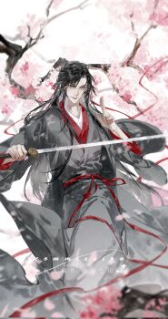 Rule 34 | 1boy, bishounen, black coat, black hair, black hanfu, blurry, blurry foreground, branch, cherry blossoms, chinese clothes, coat, depth of field, falling petals, fighting stance, flower, grey eyes, hair down, hair ribbon, half updo, hand up, hanfu, hashtag-only commentary, highres, holding, holding sword, holding weapon, index finger raised, jian (weapon), liuche79871650, long hair, long sleeves, looking at viewer, male focus, modao zushi, official alternate costume, official alternate hairstyle, open clothes, open coat, outdoors, parted lips, petals, pink flower, pink petals, red ribbon, red sash, ribbon, robe, sample watermark, sash, sidelocks, smile, solo, standing, suibian sword, sword, tree, very long hair, watermark, watermark grid, weapon, wei wuxian, wei wuxian (yiling laozu), wide sleeves