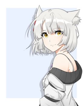 Rule 34 | 1girl, animal ear fluff, animal ears, asymmetrical bangs, border, cat ears, cat girl, closed mouth, commentary, english commentary, eyelashes, grey hair, highres, jacket, medium hair, mio (xenoblade), outside border, parted bangs, pax (seo7h), smile, solo, upper body, white border, white jacket, xenoblade chronicles (series), xenoblade chronicles 3, yellow eyes