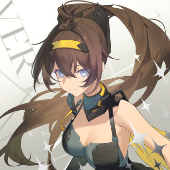 1girl aether_gazer blue_eyes breasts brown_hair english_text highres medium_breasts ponytail solo sougishi_ego twitter verthandi_(aether_gazer)