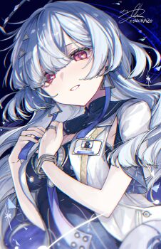 1girl breasts chromatic_aberration commentary_request dress earrings grey_hair hair_ornament highres id_card jacket jewelry korean_commentary long_hair looking_at_viewer medium_breasts mornye_(wuthering_waves) parted_lips purple_dress red_eyes signature smile solo sw_haze triangle_earrings upper_body white_jacket wuthering_waves