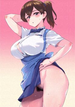 1girl adversarial_noise alternate_costume apron asava_(hutaitenn) blue_apron blue_bow blue_bowtie blush bow bowtie breasts brown_eyes brown_hair button_gap collared_shirt dress_shirt employee_uniform female_pubic_hair gingham_apron hand_on_own_hip kaga_(kancolle) kantai_collection kobeya_uniform large_breasts lifting_own_clothes long_hair no_panties open_clothes open_mouth open_shirt plaid_apron plaid_clothes pleated_shirt pubic_hair shirt side_ponytail simple_background solo sweat waitress white_shirt