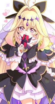 Rule 34 | 1girl, absurdres, antenna hair, black bow, black capelet, black dress, blonde hair, blush, bow, brooch, capelet, chocolate, commentary, cowboy shot, cure arcana shadow, diamond hairband, dress, gradient hair, hair bow, hair intakes, happy valentine, heart, heart brooch, highres, jewelry, kakikakilemon, long hair, looking at viewer, magical girl, meitantei precure!, multicolored hair, precure, purple eyes, purple veil, smile, valentine, veil, white background, wrist cuffs
