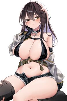 1girl absurdres ahoge bare_shoulders belt bikini bikini_top_only black_bikini black_choker black_gloves black_thighhighs blush breasts brown_belt camouflage_sleeves chaos_zero_nightmare chest_harness choker choumiryou cleavage collarbone colored_inner_hair commentary_request cutoffs denim denim_shorts detached_sleeves fingerless_gloves gloves groin hair_between_eyes hand_on_own_cheek hand_on_own_face harness highres large_breasts long_hair looking_at_viewer maribell_(chaos_zero_nightmare) micro_shorts midriff multicolored_hair navel no_mole open_fly parted_lips shorts sidelocks simple_background single_thighhigh sitting skindentation solo swimsuit thighhighs torn_clothes torn_thighhighs underbust wariza white_background yellow_eyes