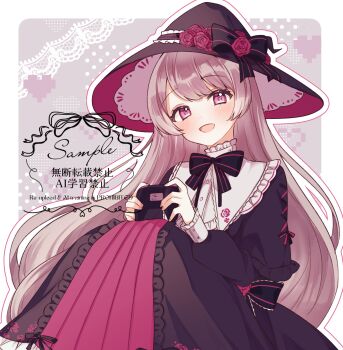 1girl amam_fuka_(vtuber) black_bow black_bowtie black_dress black_hat bow bowtie brown_hair c7gamev collar commentary_request commission controller dress flower frilled_wrist_cuffs frills hat hat_bow highres holding holding_controller indie_virtual_youtuber long_hair long_sleeves looking_at_viewer multicolored_bow multicolored_dress open_mouth pink_bow pink_dress pink_eyes pink_flower puritan_collar second-party_source smile solo upper_body virtual_youtuber watermark white_collar white_dress white_wrist_cuffs witch witch_hat wrist_cuffs