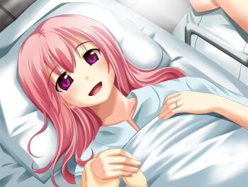 1boy 1girl 1other aged_up asahina_hiyori_(hara_hara!!) bed bed_sheet blush collarbone crossed_arms floor from_above fumizuki_yukari game_cg hair_between_eyes hara_hara!! holding_hands hospital hospital_bed hospital_gown indoors jewelry lab_coat long_hair looking_at_viewer lower_body lying on_back on_bed open_mouth pillow pink_eyes pink_hair pov pov_hands ring sidelocks smile standing tareme third-party_source under_covers upper_body variant_set wedding_ring