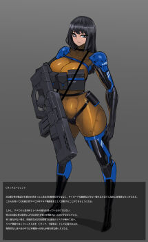 absurdres belt black_hair bodystocking bodysuit breasts cleavage commentary english_commentary grey_eyes gun high_heels highres holding holding_gun holding_weapon large_breasts long_hair looking_at_viewer original panties platinum1945 sidelocks thick_thighs thighs translation_request underwear weapon