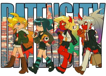 4girls blonde_hair blue_eyes blue_hair green_eyes green_hair guru.zong highres long_hair looking_at_another medium_hair multiple_girls panty_&amp;_stocking_with_garterbelt ponytail purple_hair walking