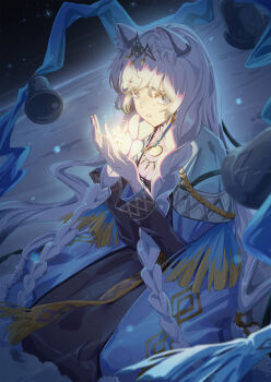 1girl absurdres animal_ear_fluff animal_ears arknights bell black_dress blue_cloak braid cloak commentary_request dress from_side grey_eyes hands_up highres jewelry long_dress long_hair long_sleeves looking_at_viewer necklace official_alternate_costume outdoors parted_lips pramanix_(arknights) pramanix_the_prerita_(arknights) shimizu_kazunari sitting snow snow_leopard_ears snow_leopard_girl snowflakes solo tears twin_braids very_long_hair white_hair