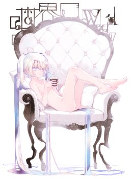 1girl armchair barefoot chair commentary_request completely_nude cup expressionless flat_chest full_body gradient_hair highres holding holding_cup loli long_hair looking_at_viewer multicolored_hair nude original solo sumi_keiichi twintails very_long_hair white_eyes white_hair