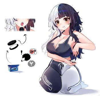 1girl black_hair black_tank_top blunt_bangs blush breasts cleavage closed_mouth clulless commentary cookie crop_top eating english_commentary food food_on_face full_body highres holding holding_food hololive hololive_english large_breasts long_hair looking_at_viewer multicolored_hair multiple_views open_mouth oreo pants shiori_novella simple_background sitting solo_focus split-color_clothes split-color_hair tank_top two-tone_pants virtual_youtuber wariza white_background white_hair yellow_eyes