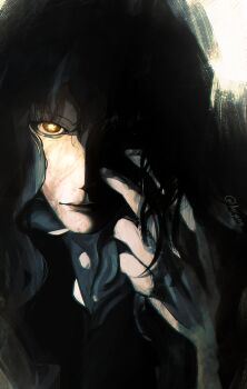 1boy absurdres aegyo_sal anjens asterion_(shadow_slave) black_hair black_shirt glaring hand_up head_tilt highres long_hair looking_at_viewer male_focus partially_shaded_face serious shadow_slave shirt solo star-shaped_pupils star_(symbol) symbol-shaped_pupils yellow_eyes