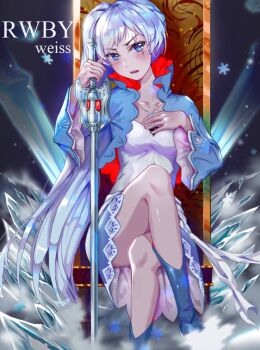 1girl blue_boots blue_eyes boots crossed_legs cryokinesis english_text female_focus ice jewelry myrtenaster necklace rapier rwby scar scar_across_eye scar_on_face sitting snowflakes solo sword thighs throne wangxiii weapon weiss_schnee white_hair