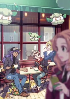 2boys 2girls alternate_costume bad_id bad_pixiv_id baseball_cap black_shirt blonde_hair blurry blurry_foreground boltund brown_footwear chair closed_mouth commentary_request cottonee cup dark-skinned_male dark_skin day facial_hair gen_5_pokemon gen_6_pokemon gen_8_pokemon gloves grookey hand_up hat helioptile holding holding_cup holding_phone hood hood_down hoodie jacket lass_(pokemon) lass_(pokemon_swsh) leon_(pokemon) long_hair long_sleeves mug multiple_boys multiple_girls nintendo office_worker_(pokemon) open_clothes open_jacket outdoors pants phone pokemon pokemon_(creature) pokemon_swsh purple_hair shirt shoes single_glove sitting smile strap table taking_picture victor_(pokemon) window xichii yellow_eyes zipper