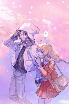 Rule 34 | 1boy, arm hug, bag, beanie, black hair, black shirt, blonde hair, blurry, blurry background, cardigan, cherry blossoms, collared shirt, grey pants, gundam, gundam seed, gundam seed destiny, hair between eyes, hat, highres, jacket, long hair, looking up, pants, petals, pleated skirt, purple eyes, red cardigan, red eyes, red skirt, shinn asuka, shirt, short hair, shoulder bag, skirt, smile, tokumei wombat, white jacket, white shirt
