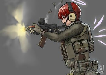 1girl aks-74u ammunition_belt ammunition_pouch arknights artist_name assault_rifle bodysuit camouflage firing gloves gun halo headset highres kalashnikov_rifle mardjan pouch red_eyes rifle shell_casing short_hair simple_background solo weapon