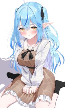 1girl :t absurdres black_socks blue_hair blurry blush braid breasts brown_dress cardigan closed_mouth collarbone commentary_request dress elf flower hair_between_eyes hair_flower hair_ornament highres hololive large_breasts long_hair long_sleeves looking_at_viewer official_alternate_costume petals pointy_ears pout side_braid simple_background sitting socks solo very_long_hair virtual_youtuber visitofsiki wariza white_background white_cardigan white_flower yukihana_lamy yukihana_lamy_(casual)