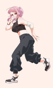 1girl alternate_costume black_shoes breasts bright_pupils commentary crop_top english_commentary eyelashes full_body grey_pants grey_shirt grin highres hololive hololive_english index_finger_raised long_hair lord_joeboto mori_calliope pants pink_hair pointing pointing_at_viewer ponytail red_eyes shirt shoelaces shoes sidelocks simple_background smile solo sweatpants teeth virtual_youtuber white_background white_pupils