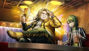 2boys blonde_hair couch fat fat_man glasses green_eyes green_hair grin hair_between_eyes hand_fan highres holding holding_fan holding_money holding_pitcher jacket jewelry kohinata_koishi long_hair looking_at_another looking_at_viewer male_focus money multicolored_jacket multiple_boys non-web_source official_art orange_eyes pitcher_(container) ponytail ring shirt short_hair smile star_(symbol) star_print sweat sweatdrop todoroki_eiji_(tribe_nine) tribe_nine white_shirt