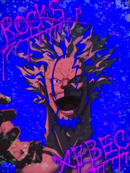 1boy beard blending blue_background blue_eyes blue_theme character_name commentary evil_smile facial_hair highres long_nose looking_at_viewer male_focus one_piece open_mouth rocks_d._xebec short_hair signature smile solo yorumesi_j